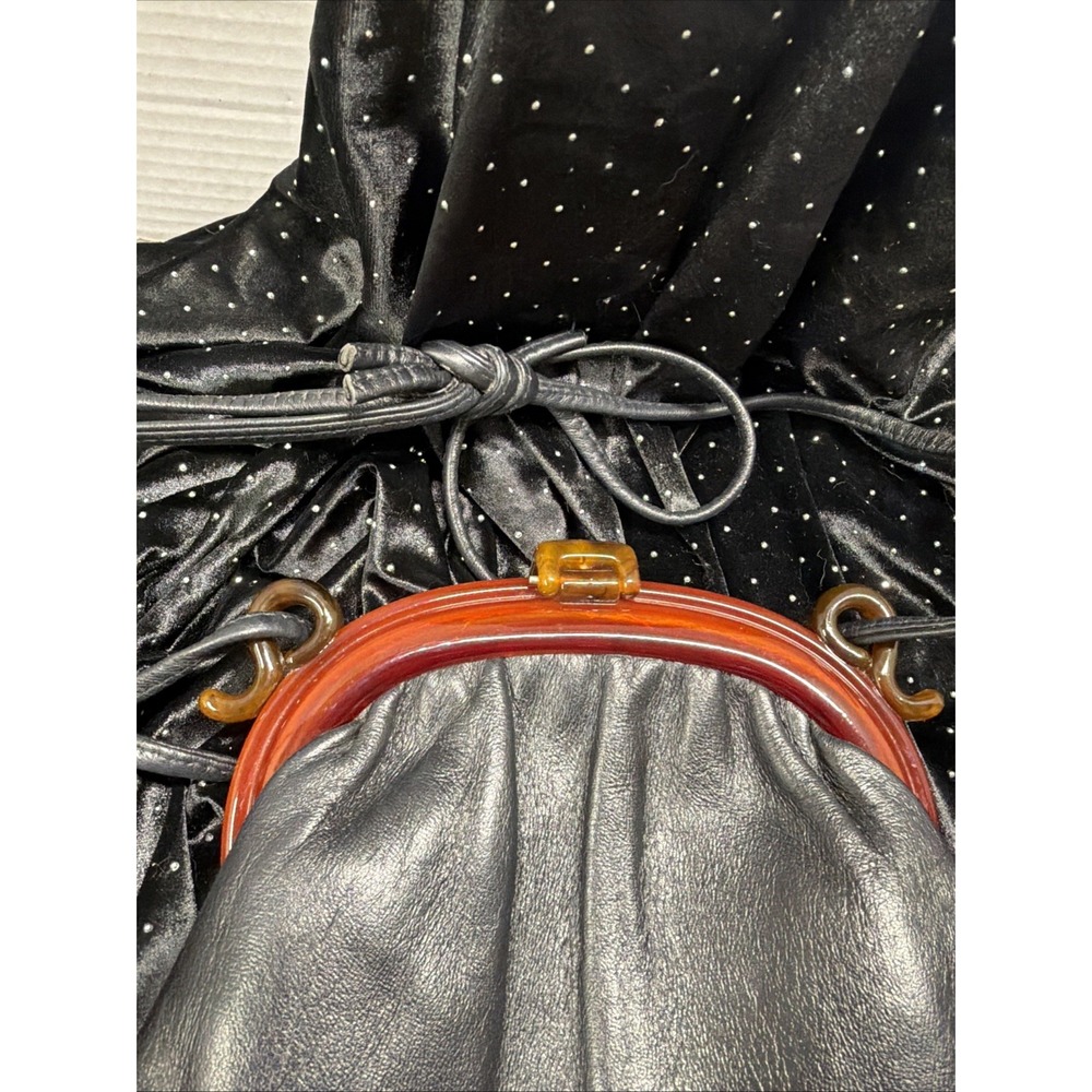 Vintage Ande' Leather Black Bakelite Snap Closure Purse Bag Silk Lining 1960s - Picture 5 of 16